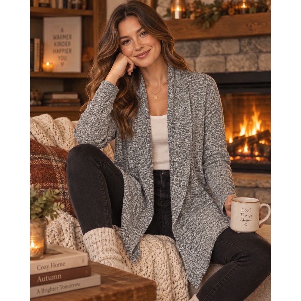 Ann Taylor Factory Gray Marled Open Front Shawl Collar Cardigan Sweater Small